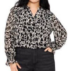 Vince Camuto Printed Puff-Sleeve Blouse - Size 1X – Black & White  - 0134